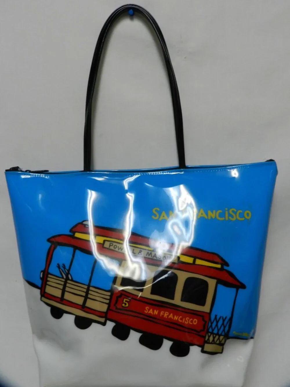 Marc Tetro San Francisco Trolley tram vinyl tote bag purse large zip blue red
